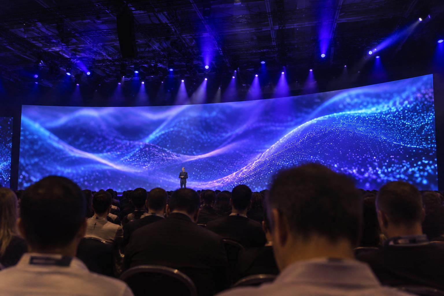 Keynote-zaal op CES in Las Vegas met een groot verlicht scherm en publiek